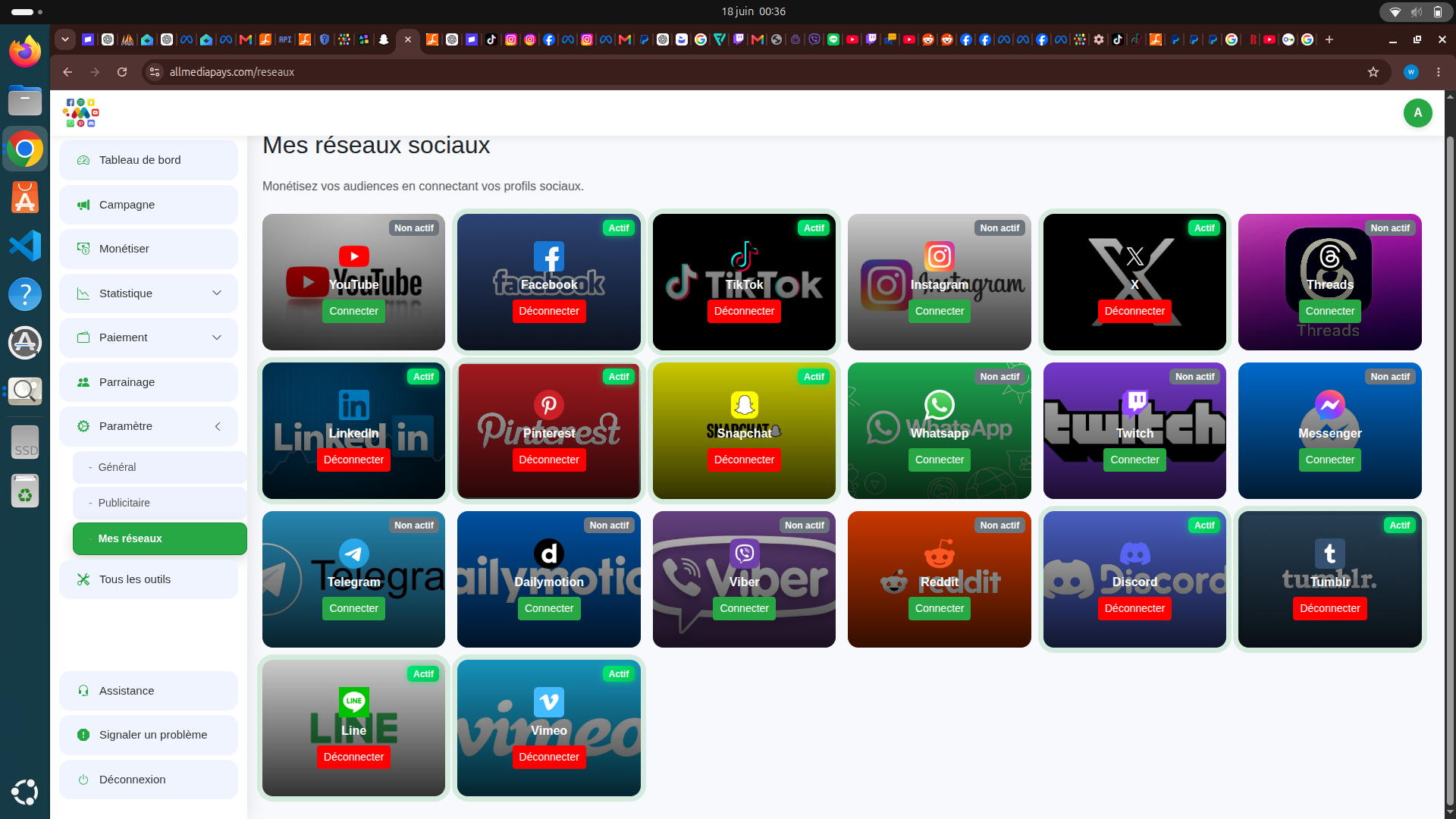 Grille des réseaux sociaux avec boutons Connecter